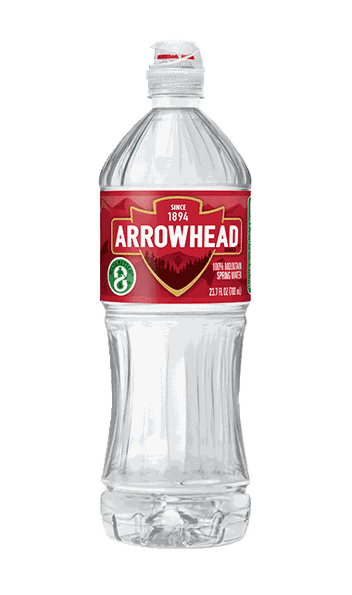A 23.7oz Arrowhead water bottle with a red label and white cap, featuring the Arrowhead logo and "100% Mountain Spring Water" text.