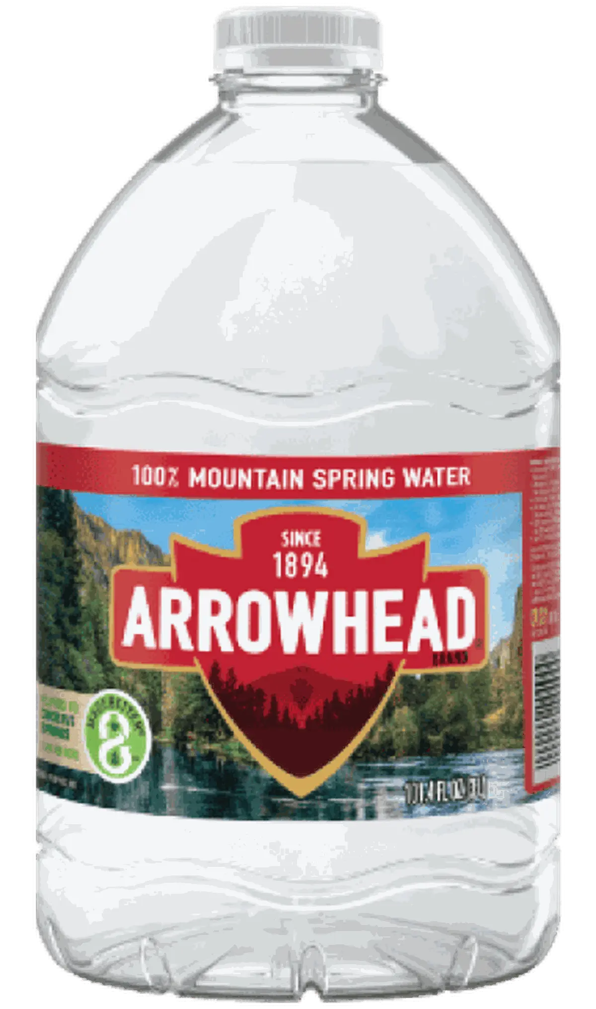 3 liter Arrowhead water bottle with a red label and logo, featuring mountain imagery. Text indicates 100% mountain spring water.