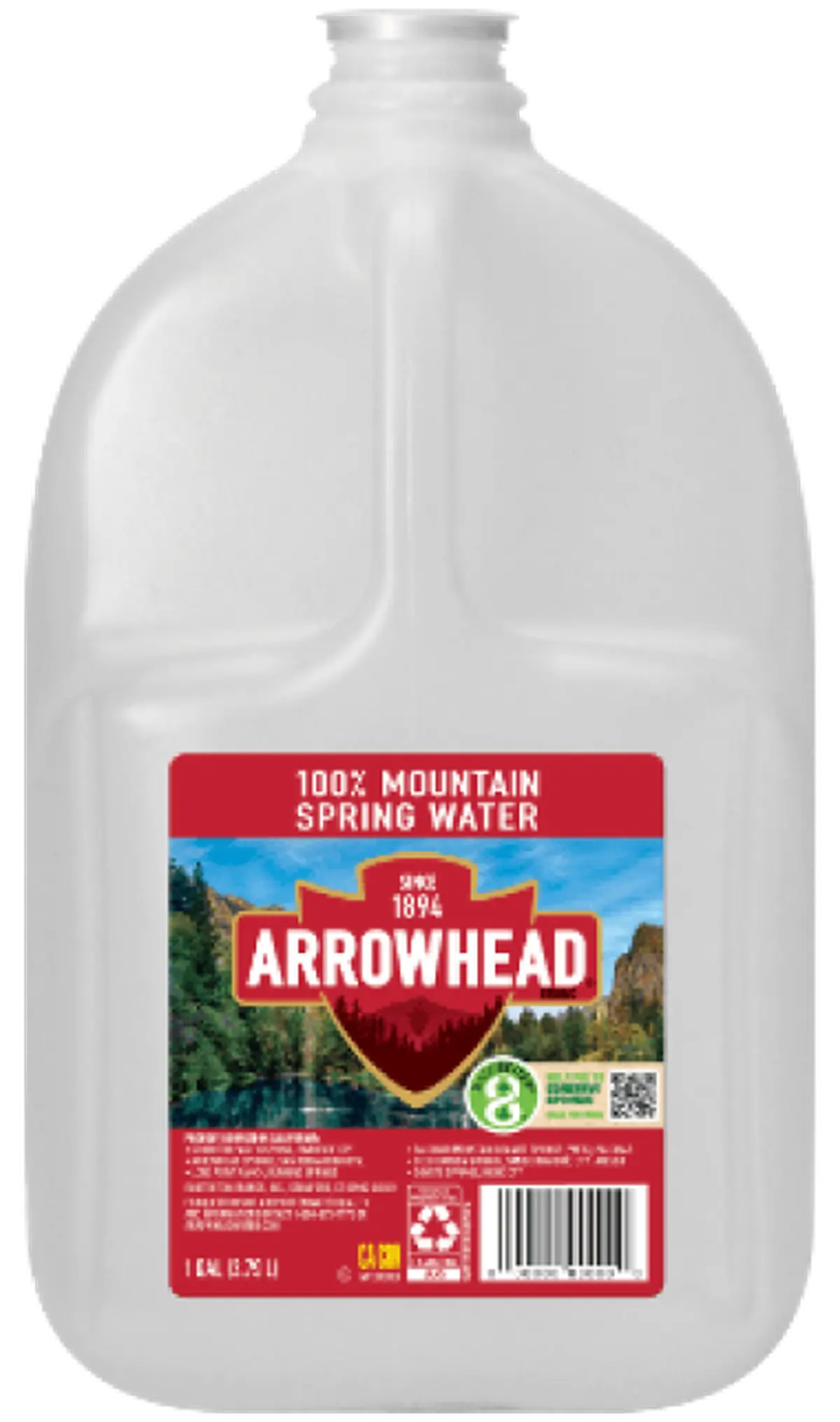 Gallon jug of Arrowhead 100% Mountain Spring Water with a red label and scenic mountain lake image.