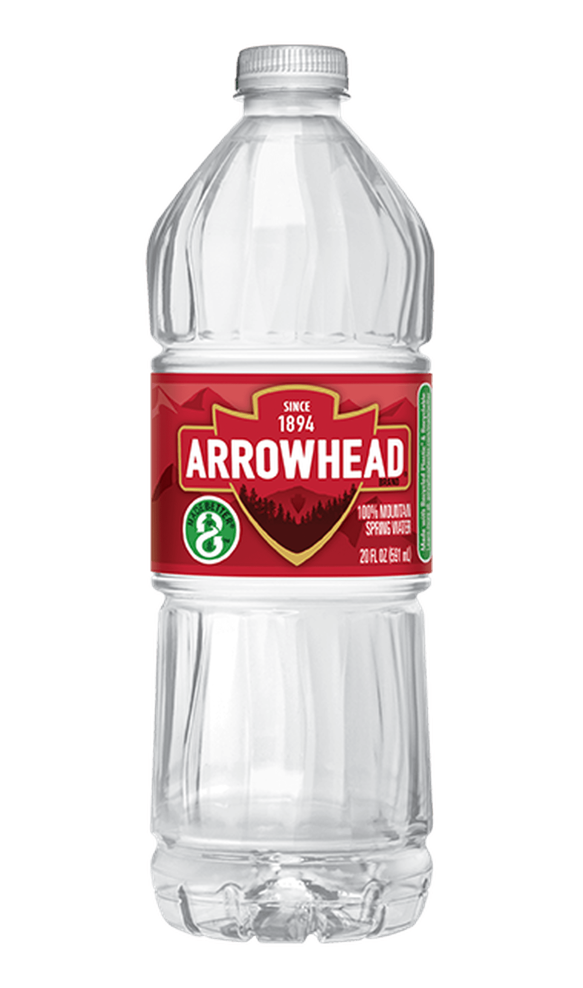 Arrowhead bottled water with a red and green label, featuring mountains and text indicating it's 100% mountain spring water, 32 fl oz size.