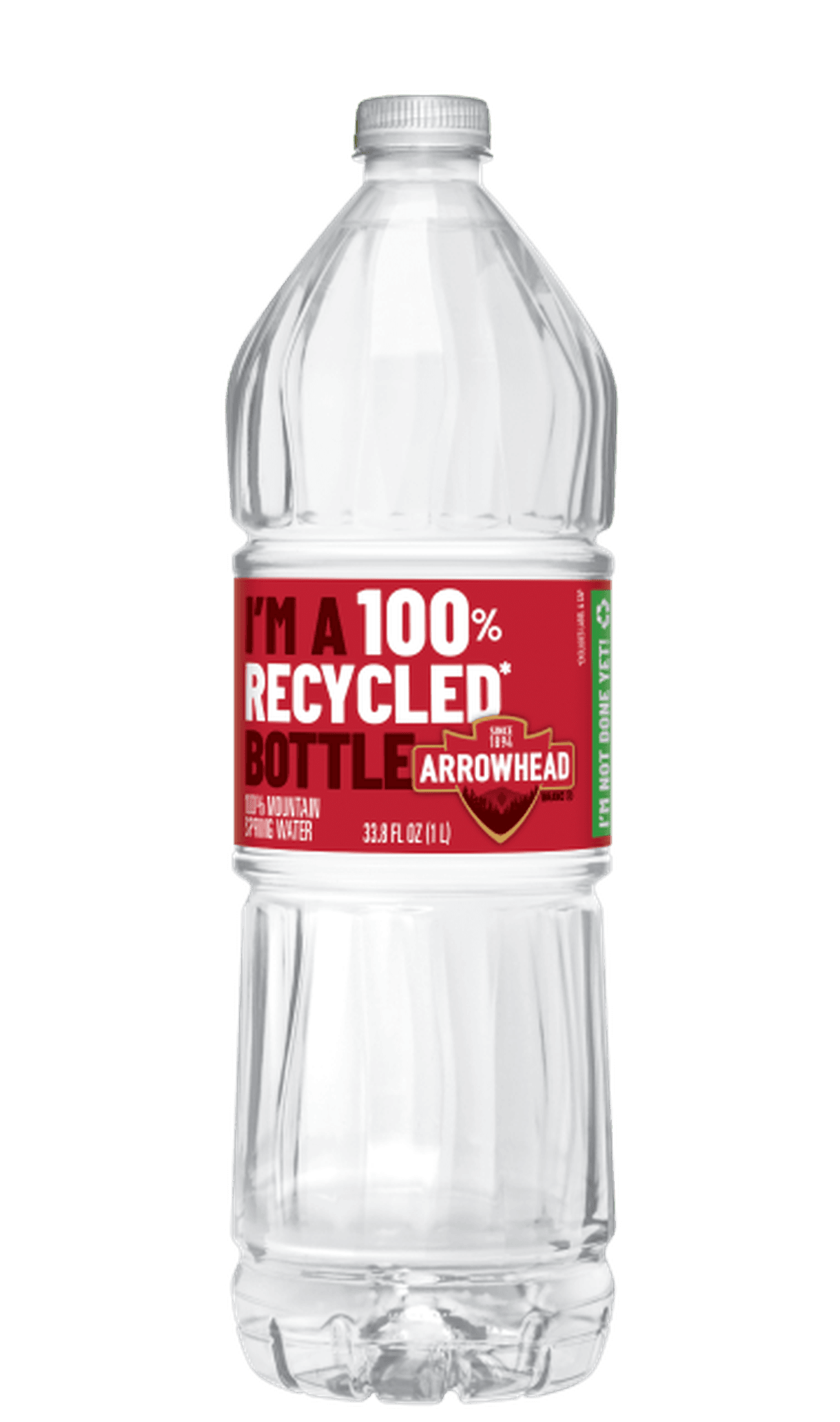 Reusable Arrowhead water bottle, 100% recycled plastic, red and white label, 33.8 fl oz (1 L), against a white background.