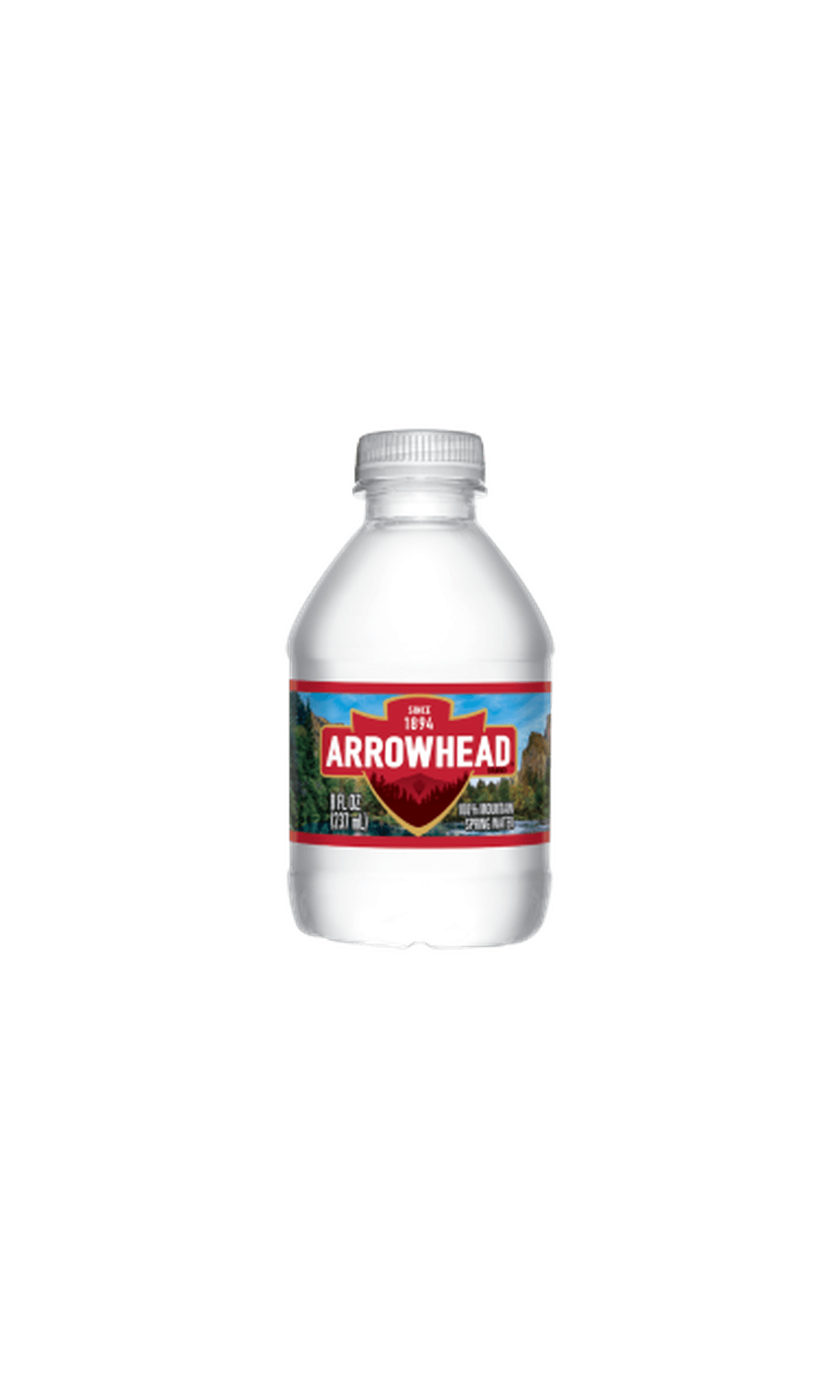 Arrowhead water bottle with a red label, featuring mountain and forest imagery. Contains 16.9 fl oz (0.5 L) of 100% mountain spring water.