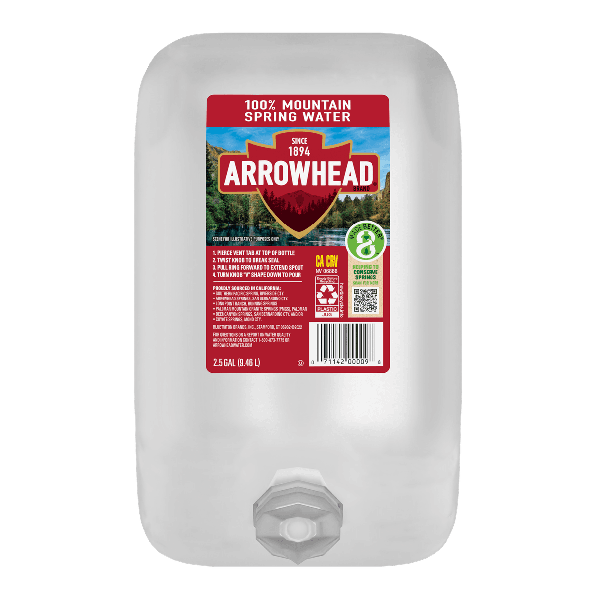 2.5 gallon Arrowhead mountain spring water plastic jug with label showing brand logo, volume, and recycling code, featuring forested mountain imagery.