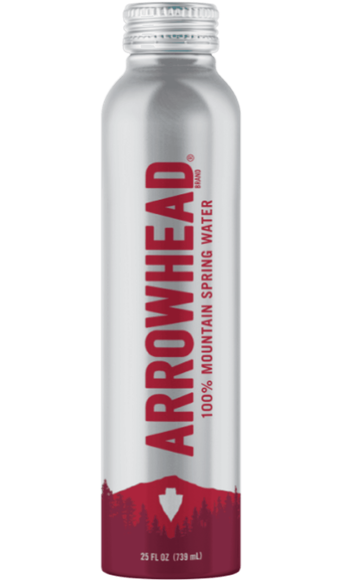 Silver cylindrical aluminium bottle of Arrowhead Mountain Spring Water with red labeling and a mountain graphic near the bottom.