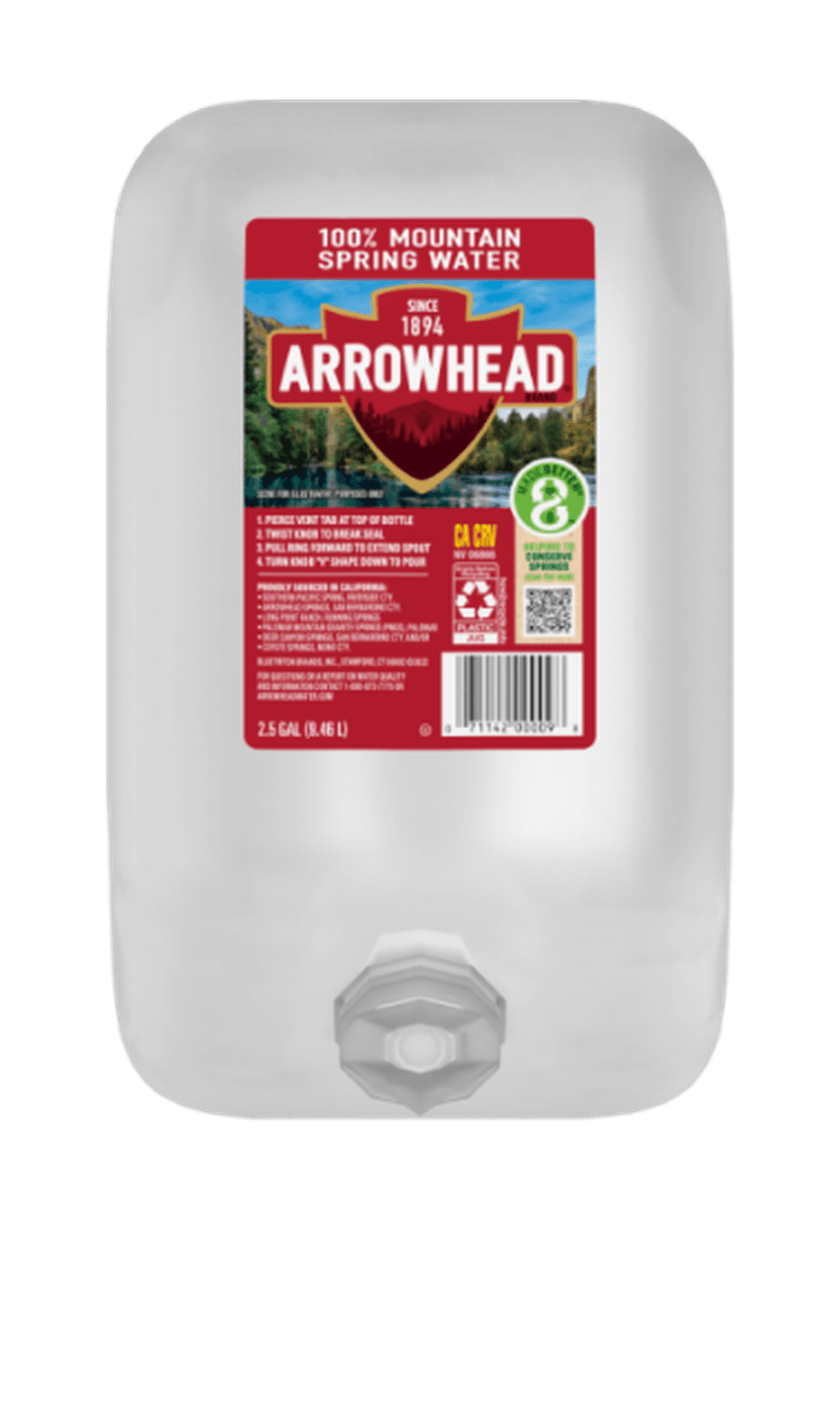 2.5 gallon Arrowhead mountain spring water plastic jug with label showing brand logo, volume, and recycling code, featuring forested mountain imagery.