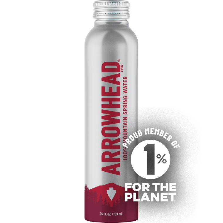 Arrowhead 25 oz spring water in an aluminum bottle. Proud member of 1% for the planet.