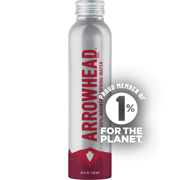 Arrowhead 25 oz spring water in an aluminum bottle. Proud member of 1% for the planet.