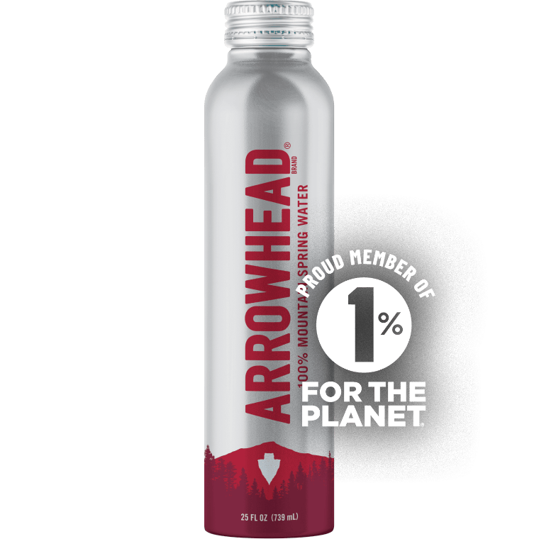 Arrowhead 25 oz spring water in an aluminum bottle. Proud member of 1% for the planet.